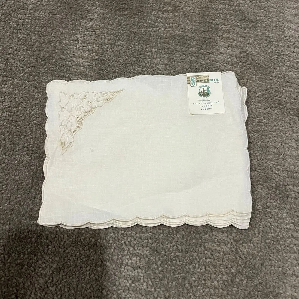 Madeira Superbia Vintage White Linen Napkins with Floral Embroidery Set of 6